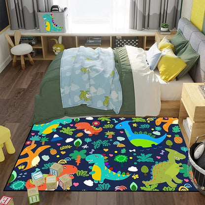 Dinosaur Rugs for Boys Bedroom Cute Dinosaur Area Rug and Leaves Print Dinosaur Rug Kids Rug Play Rug Dinosaur Carpets Cartoon Rug for Playroom Classroom,Blue 3'×4'