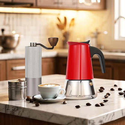 4 Cup Stainless Steel Moka Pot, 200ml Stovetop Espresso Maker, Red | 304 Stainless Steel Mocha Pot, Induction Compatible, Greca de Cafe, Cuban and Italian Coffee Maker