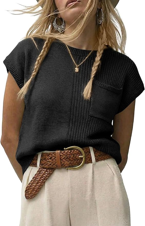 Dokotoo Summer Knit Tops for Women Sleeveless Crewneck T Shirts Casual Lightweight Sweater Blouses Shirts