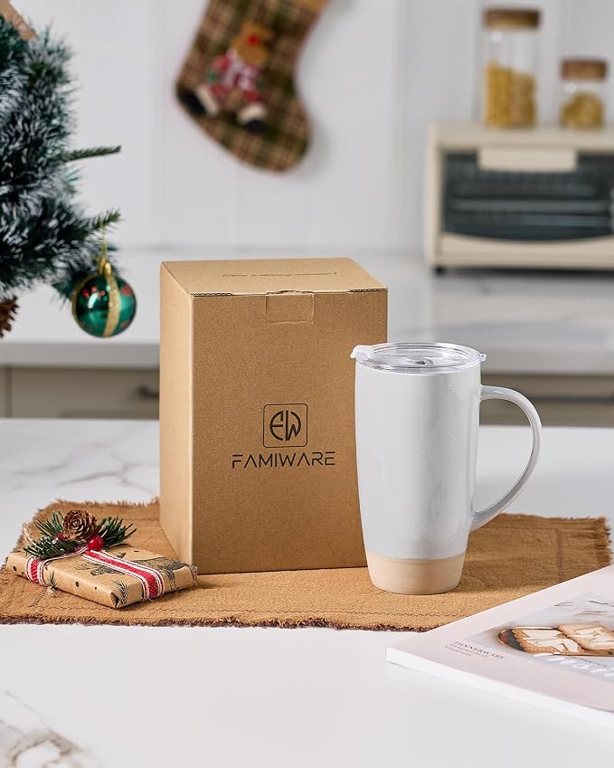 famiware Milkyway Coffee Mugs, 20oz Large Coffee Mug, Ceramic Mug Set of 4 with Lid, Cup Set with Handle for Latte, Tea, Cocoa, Milk, Home & Office, Light Gray and Dark Gray