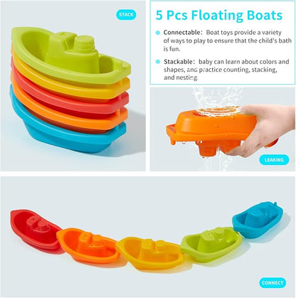 Baby Bath Toys for Kids, 15 PCS Mold Free Toddler Bath Toys Pool Water Table Toys Rainbow Color Floating Boats, Spoons & Sensory Silicone Bath Toys, Bathtub Water Toys for Toddlers 1-3 and Babies