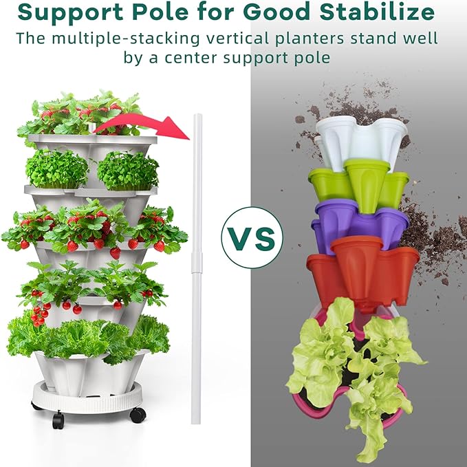 Strawberry Vertical Planters 2 Pack, 5 Tiered Stacking Tower Garden with Support Pole, Stackable Herb Vegetable Planters Indoor Outdoor Black