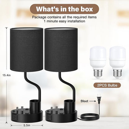 Fenmzee Bedside Lamps for Bedroom Set of 2 - Table Desk Lamp for Nightstand | 15" Table Lamp for Living Room with Pen Holder & Phone Stand, USB A+C Port, AC Outlet, 3 Color Temperature, LED Bulb Included