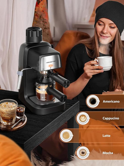 KEENSTAR 3.5Bar Espresso Machine 800W, Compact 4-Cup Espresso Maker Preheat | Fast Heating, Milk Frother Steam Wand, Espresso and Cappuccino Machine for Cappuccino or Latte Black
