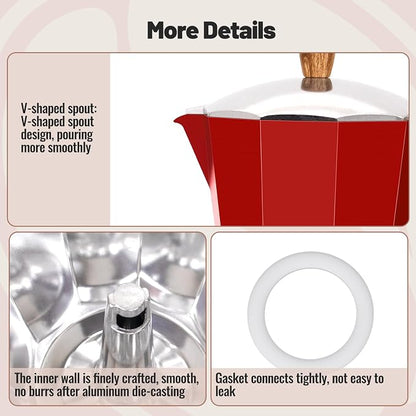 6 Cup Aluminum Moka Pot Classic Stovetop Espresso Coffee Maker 300ml 10oz Coffeemaker Percolator Mocha Pot Greca Coffee Maker Cafe Makers for Italian and Cuban Café Brewing Red