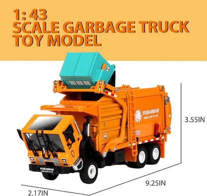 FUBARBAR Truck Toy Model – 1:43 Diecast Metal Garbage Recycling Waste Transport Truck with Trash Bin, Pull Back Model Car Toy for Kids 4-6 Age Boys Birthday Gift (Orange)