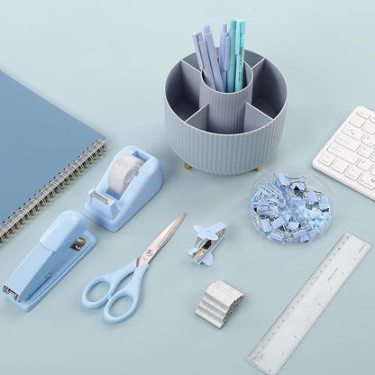 SKYDUE Desk Organizers and Accessories 10Pcs, 360-Degree Rotating Pen Holder, Stapler, Staple Remover, Tape Dispenser,2pcs Tape Refills, Binder Paper Clips Kit, Scissor (Blue)