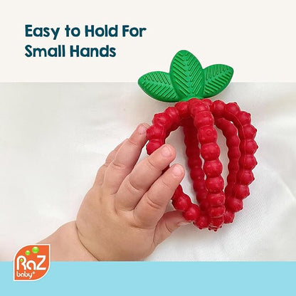 RaZbaby Silicone Infant & Baby Teething Toy, Textured BerryBumps Soothe Babies Sore Gums, RaZberry Bites Relief Teether, Back & Front Teeth, BPA Free, Fruit Shape for Babies 3M+ (Red & Pink)
