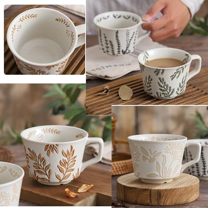 Small Ceramic Mug, 11oz - Vintage Cup Mug for Coffee Milk Latte Cappuccino Tea, Plant Porcelain Cup Dishwasher Microwave Freezer Safe Stoneware 1 PC Black Leaf Cup