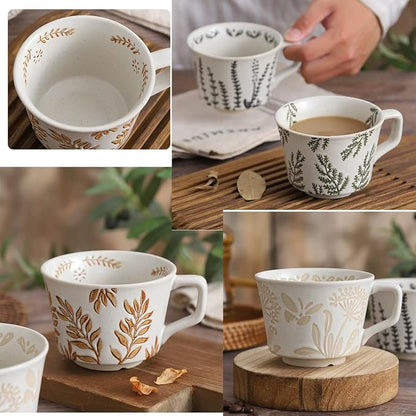 Small Ceramic Mug, 11oz - Vintage Cup Mug for Coffee Milk Latte Cappuccino Tea, Plant Porcelain Cup Dishwasher Microwave Freezer Safe Stoneware 1 PC Black Leaf Cup