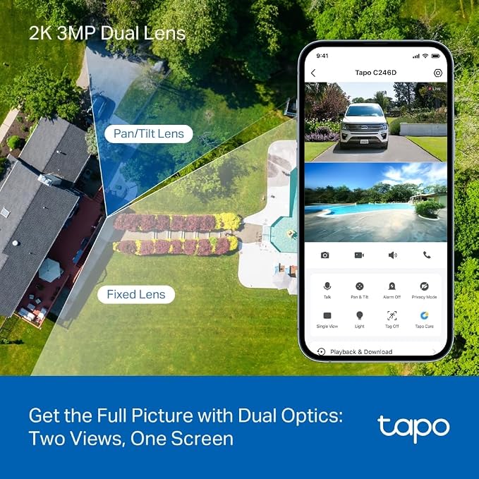 Tapo 2K Indoor/Outdoor Dual Lens Pan/Tilt Wired Security Camera - 125° Wide-Angle View + 6mm Zoom, Motion Track, Person/Vehicle Detection, Local Storage or Optional Cloud, C246D
