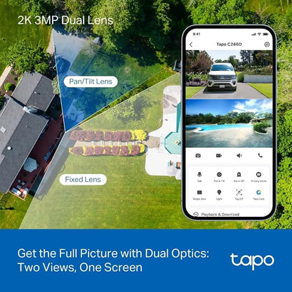 Tapo 2K Indoor/Outdoor Dual Lens Pan/Tilt Wired Security Camera - 125° Wide-Angle View + 6mm Zoom, Motion Track, Person/Vehicle Detection, Local Storage or Optional Cloud, C246D