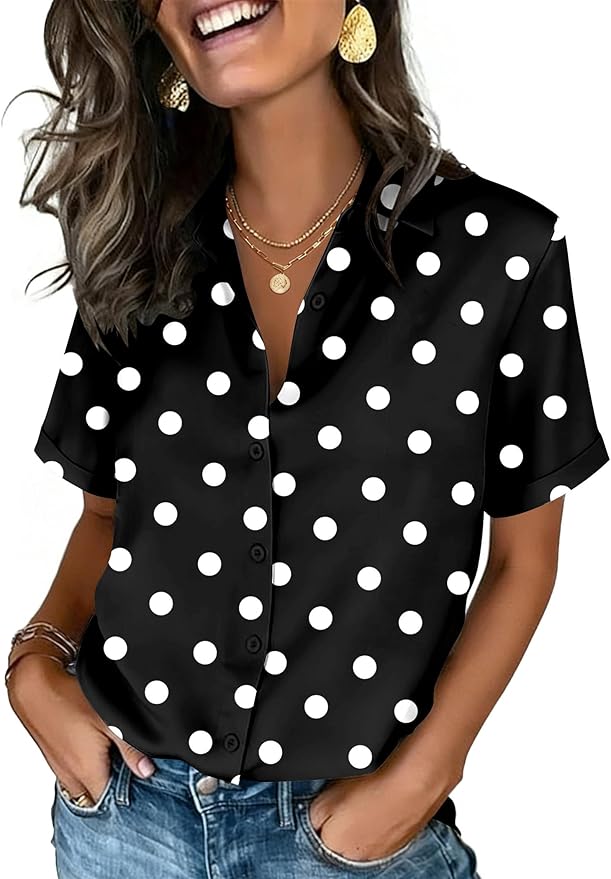 Zeagoo Button Down Shirts for Women Short Sleeve Collared Tops Dressy Casual V Neck Blouses