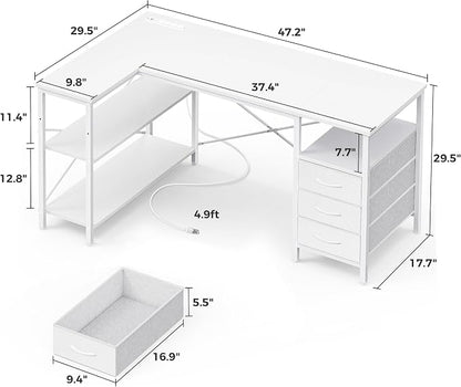 Huuger L Shaped Office Desk with Power Outlets, 47 Inch Computer Desk with 3 Drawers, Shelves, for Gaming, Corner Work, Home Office, Study, White