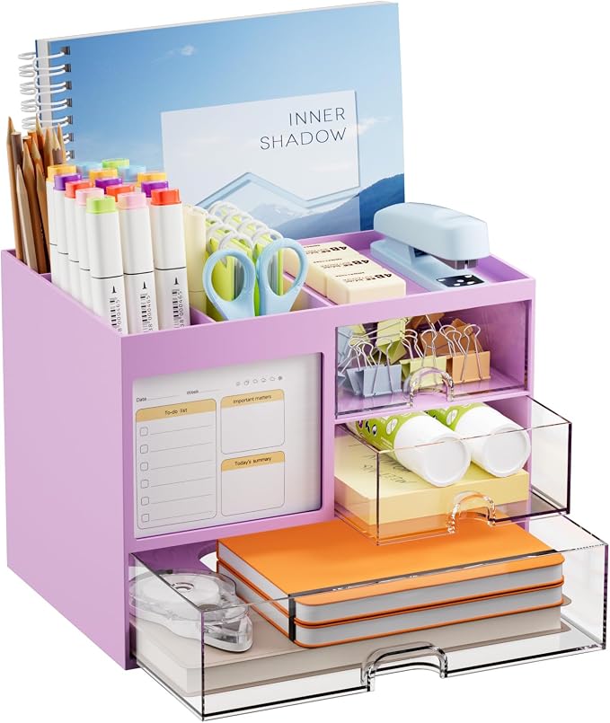 Marbrasse Desk Organizer with 3 Drawer, Multi-Functional Pencil Pen Holder, Desk Organizers and Accessories with 4 Compartments,Desktop Organizer Storage for Office Home Art Supplies (Purple)