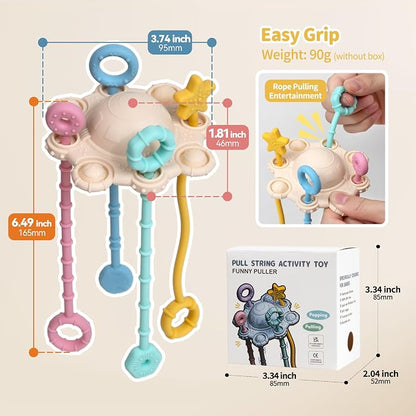 Montessori Pull String Toy Silicone Travel Toy | Food Grade Silicone Early Development Toy, Fine Motor Skills Sensory Toys, Montesorri Gifts (Cream Color)