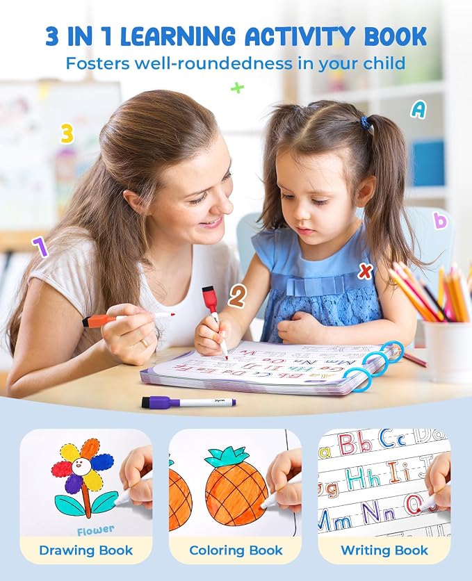 JoyCat Preschool Learning Activities 48 Reusable Pages, Handwriting Practice for Kids Toddlers, Tracing Letter Number Workbooks, Educational Autism Busy Book, Learning Gift Toys for 3 4 5 Year Olds