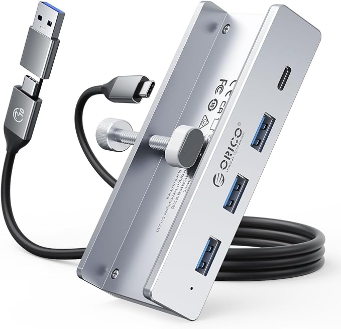ORICO USB Hub 3.0, Clamp USB Hub with Extra Power Port, 3 USB-A Data Ports, USB-C Port for Monitors, Desks(Silver)