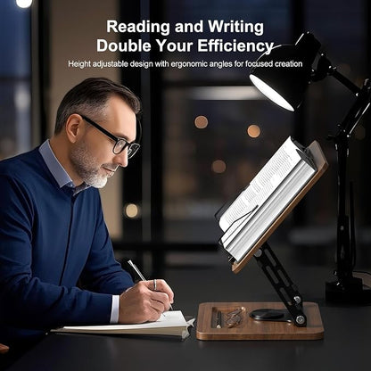 OPTIXCELL Book Stand for Reading, 360° Rotating Book Holder, Page Clips | Hands Free, Built-in Storage Tray, Adjustable Height Angle, Non-Slip, Foldable 13.3x9.4x1.9in, Fits Cookbook Tablet & Laptop