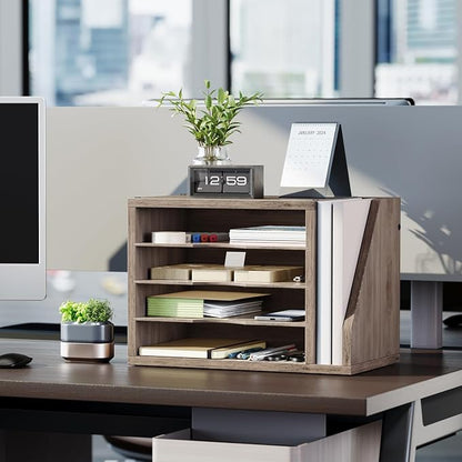 Wooden Mail Organizer, Desk Organizer with 3 Adjustable Shelves | Mail Sorter, File Organizer Desktop, Mail Holder for Home Office, Letter Sorter for Envelopes, Bills, Magazines, Greige