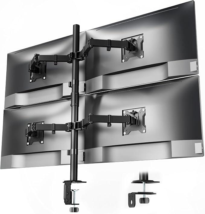 monTEK Quad Monitor Stand for Four 17-32" Screens, 22 lbs Each | Four-screen desk mount, height adjustment, tilt, swivel, rotation, clamp/grommet bases and VESA 75/100