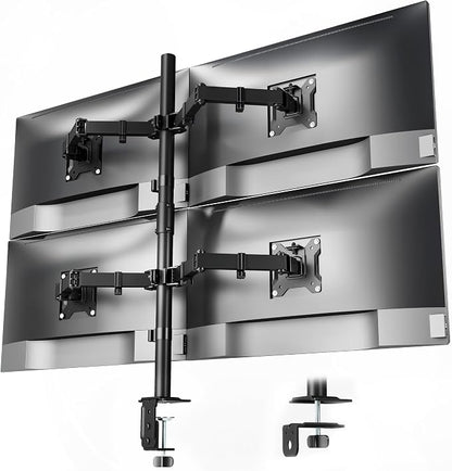 monTEK Quad Monitor Stand for Four 17-32" Screens, 22 lbs Each | Four-screen desk mount, height adjustment, tilt, swivel, rotation, clamp/grommet bases and VESA 75/100