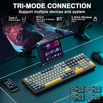 AULA F108 Wireless Mechanical Keyboard, BT5.0/USB-C/2.4GHz Hot Swappable Custom Gaming Keyboards, PBT Keycaps, Pre-lubed Switches, RGB Backlit Full Size Creamy Keyboard with Number Pad, 108 Keys