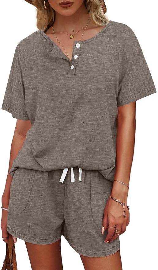 WIHOLL Two Piece Outfits for Women Lounge Sets Button Down Top and Shorts Set Sweatsuits with Pockets