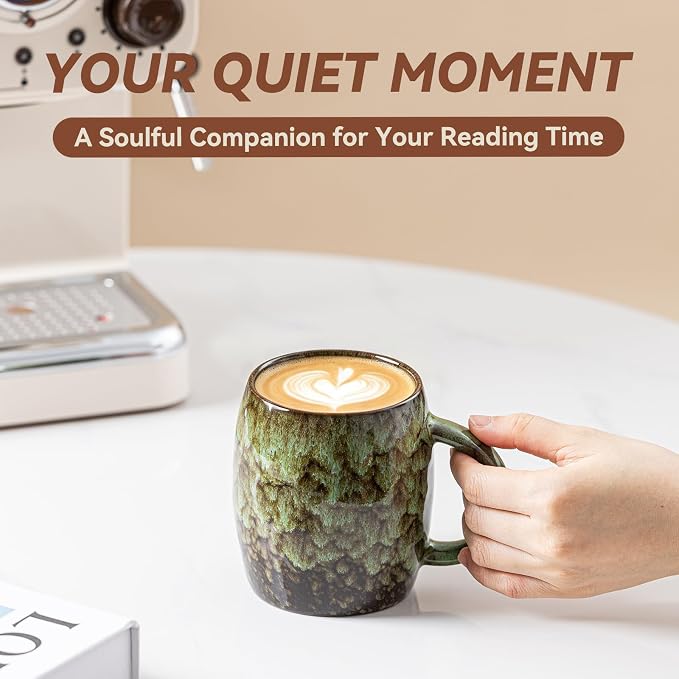 Unique Reactive Glaze Ceramic Coffee Mug - 14 oz Large Coffee Cup with Ergonomic Handle, Forest Green Ceramic Mug for Office & Home, Great Birthday Gift for Women, Men & Friends, Microwave Safe
