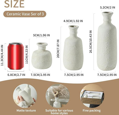 Ceramic Vase Set of 3, Neutral Rustic Vases Home Decor Farmhouse Decorative Vase Whitewashed Pottery Decor Boho Modern for Table Mantel Entryway Bookshelf Living Room Kitchen Bathroom Bedroom - White