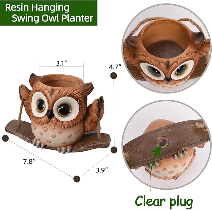 Swing Owl Hanging Planters for Indoor Plants, Cute Small Succulent Pots with Drainage Hole, Unique Resin Plant Hangers Outdoor, Hanging Plant Holder for String Of Pearls, Gift Ideas for Mother