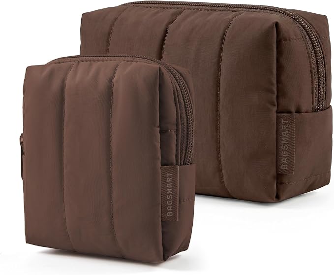 BAGSMART Puffy Travel Makeup Bag Duo Large & Small for Women, Chocolate | Puffy Padded, Travel Cosmetic Organizer with Slip-in Pockets, Large Toiletry Bag & Small Purse Pouch, Travel Essentials