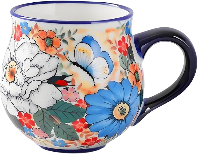 ALMA 12oz Handpainted Ceramic Tea Mugs | Microwave & Dishwasher Safe, Ideal for Morning Coffee Tea, Home Kitchen Dining Room Display, For Home Makers & Women