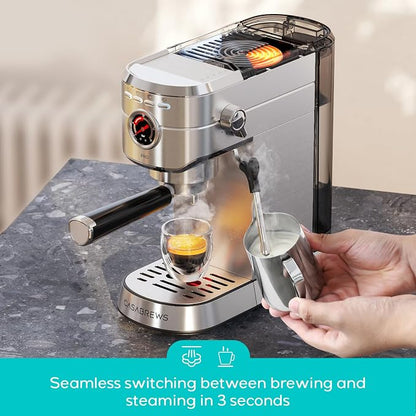 CASABREWS 5418 PRO Espresso Machine with Fast Heating System and Steam Wand | Brew Ready in 5 Seconds, Brews 2+ Milk Drinks in A Row, 20-Bar Pump, Built-in Pressure Gauge, Pro Steam Wand for Lattes