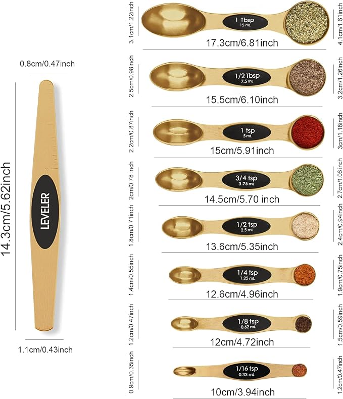 Magnetic Measuring Spoons Set Stainless Steel with Leveler-9pcs Stackable Measuring Cups for Baking-Measuring Cups and Spoon Set Kitchen Gadgets Apartment Essentials Fits in Spice Jars