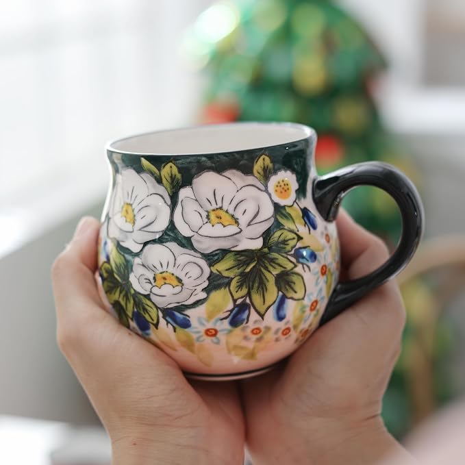 ALMA 12oz Handmade Floral Ceramic Coffee Mug | Microwave & Dishwasher Safe, Ideal for Morning Coffee Tea, Home Kitchen Dining Room Display, For Home Makers & Women