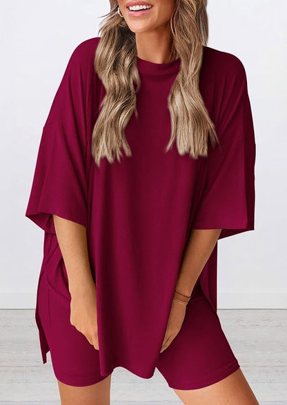 PRETTYGARDEN Women 2 Piece Lounge Set 2026 Summer Casual Oversized Shirts Biker Shorts Matching Airport Travel Outfit Clothes