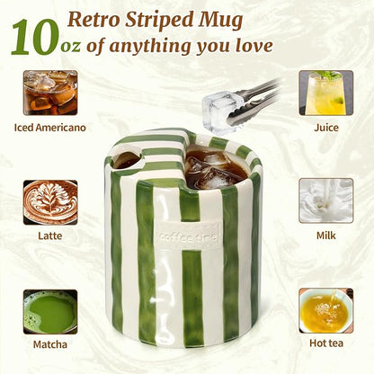 10 oz Ceramic Coffee Mug with Sip Hole & Silicone Sleeve, Green | Cute Hand-Painted Striped Porcelain, Gift for Coffee Lover, Cold & Hot Drinks, Microwave & Dishwasher Safe