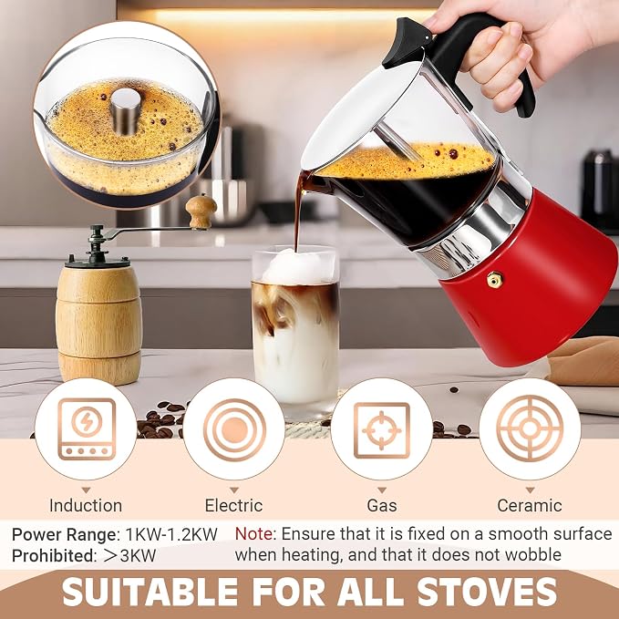 9 Cup 450ml Glass Moka Pot, Stovetop Espresso Maker, Red | Crystal Glass-top & Stainless Steel Coffee Maker, Induction Compatible, for Greca de Cafe, Cuban and Italian Coffee Brewing