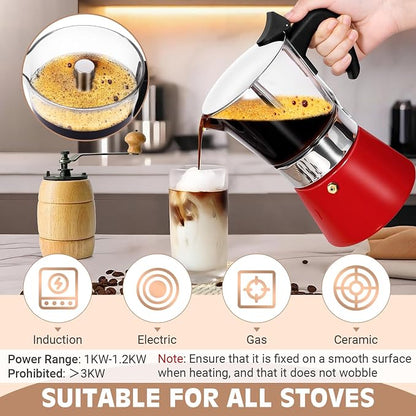 9 Cup 450ml Glass Moka Pot, Stovetop Espresso Maker, Red | Crystal Glass-top & Stainless Steel Coffee Maker, Induction Compatible, for Greca de Cafe, Cuban and Italian Coffee Brewing