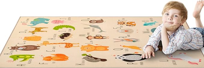 Booooom Jackson ABC Kids Classroom Rugs - 5'x6'6" Educational Numbers and Animal Carpet for Preschool, Classroom, and Kid's Room Safety and Learning - Alphabet Rug for Boys and Girls