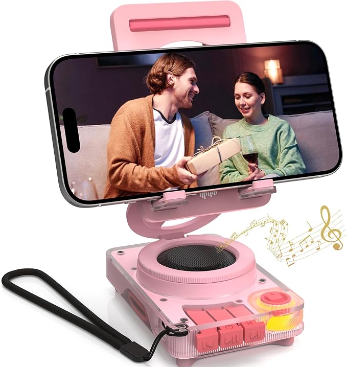 ANCwear Bluetooth Speaker Phone Stand for Desk, Portable Wireless Speaker with Adjustable Cell Phone Holder, Bluetooth 5.4 Audio Stand with TF Card Slot for Kitchen Bedside, Cool Tech Gift (Pink)