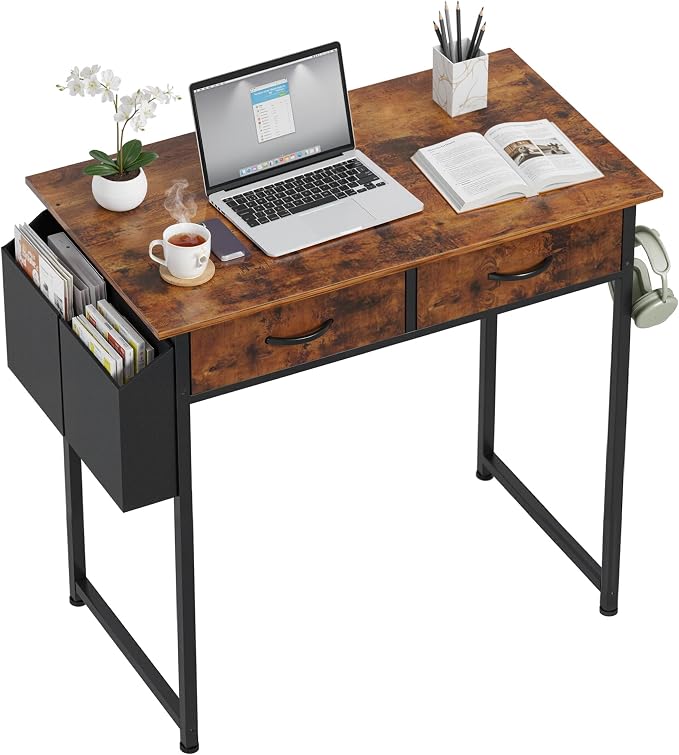 OLIXIS 32 Inch Small Desk, Computer Desk, Fabric Drawers | Side Bag, Headphone Hook, Work Table for Home Office Bedroom, Gaming, Brown