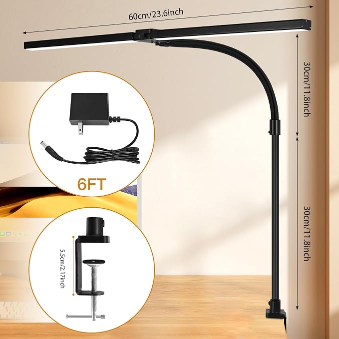 LED Desk Lamp with Base, 18W Dimmable Light, No Remote | 18W Dimmable Eye-Caring Clamp Light with Anti-Glare Cover and Flexible Gooseneck for Office, Dorm, Home and Study
