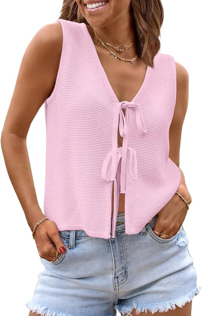 LILLUSORY Womens Tie Front Tops Vacation Sweater Vest | Bohemian Style, Beach Resort Wear, Concert Western Outfits, Crochet Tops, Vacation Outfits, Cute Y2k Sleeveless 2026