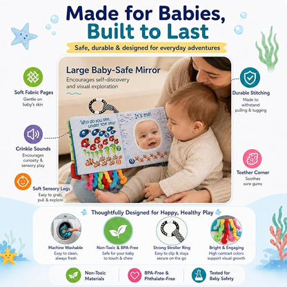 Fish Baby Book, Crinkle Books for Babies, Touch & Feel Soft Books, Infant Baby Toys 0-3 0-6 6-12 Months, Sensory Mirror Toy, Teether Ring, Baby Shower, Baby Basket Stuffers,Gifts for Boys Girls -Blue