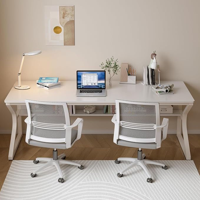 OSCHF 71-Inch Extra Long Desk with Storage Shelf, Warm White | Double Long Writing Table, Space-saving, 2-Person Workstation, Modern Study Work Computer Desk, For Home Office