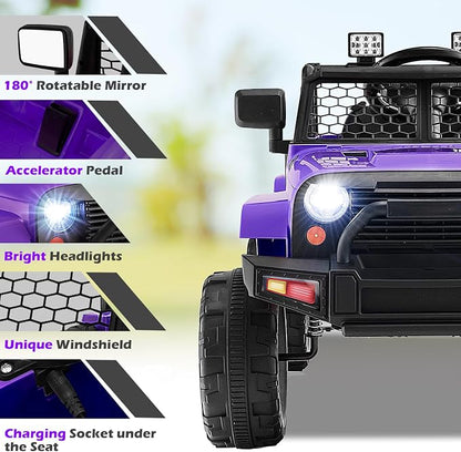 Costzon Ride on Car, 12V Battery Powered Truck Vehicle with Remote Control, Spring Suspension, Headlights, Music, Horn, MP3, USB & Aux Port, Gift for Boys Girls, Electric Car for Kids (Purple)
