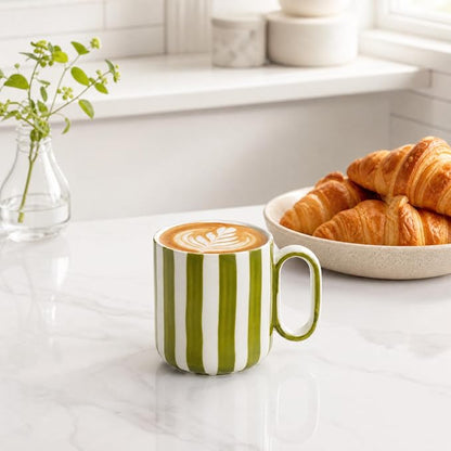Ceramic Coffee Mugs Set of 4, 8.5 oz Stoneware Coffee Cups with Handle | Small Aesthetic Green Stripe Latte Tea Mug for Latte Tea Hot Chocolate, Microwave and Dishwasher Safe (8.5 oz)