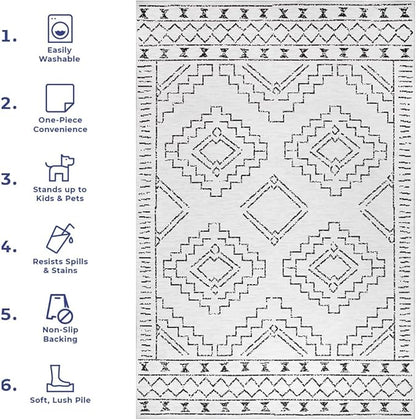 nuLOOM Noa Machine Washable Tribal Moroccan Accent Rug, 3' x 5', Ivory, Rectangular, 0.1" Thick